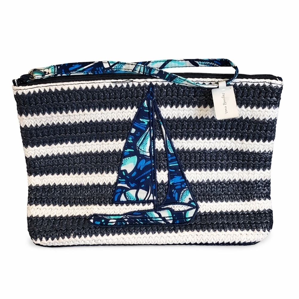 Vera Bradley Nautical Sailboat Straw Wristlet Blue White Stripe Zip bag - Picture 5 of 12